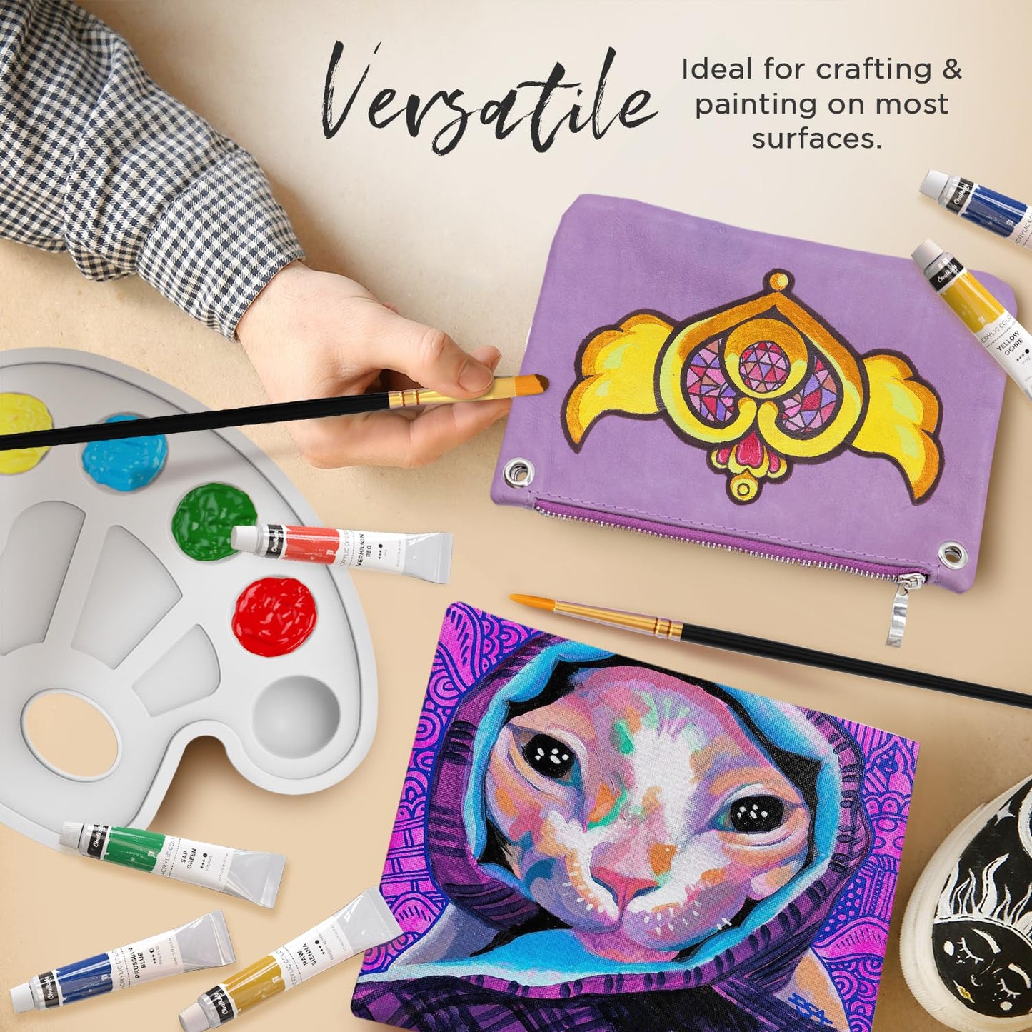 56 Pcs Canvas Painting Kit with 32 Paints (22ml), 10 Brushes, 10 Canvases, Tabletop Easel, Palette, Knife