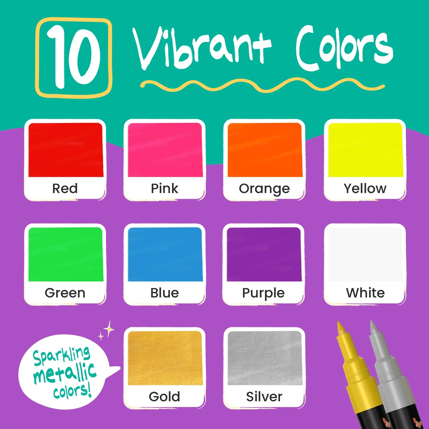 Liquid Chalk Markers with Gold & Silver - 6mm Reversible Nib | Pack of 10