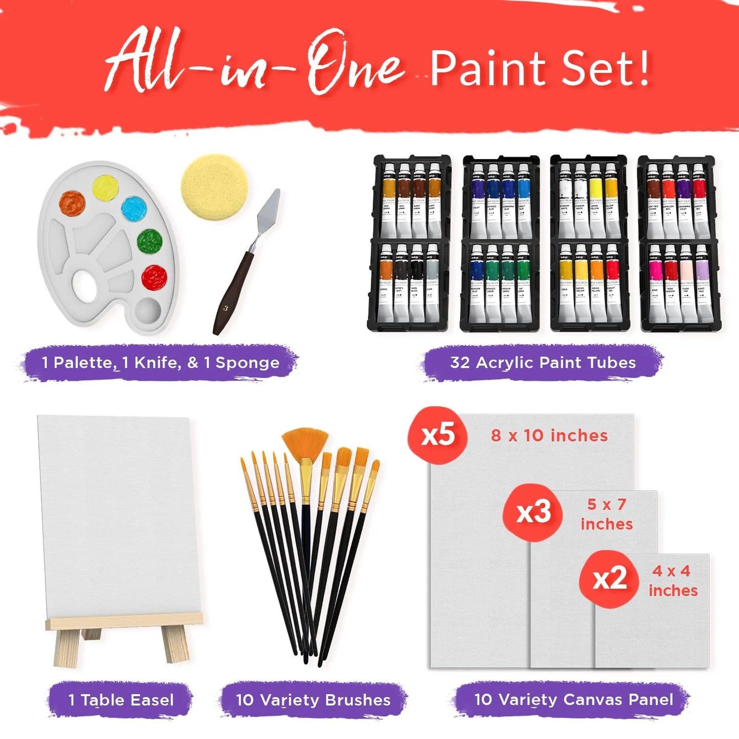 56 Pcs Canvas Painting Kit with 32 Paints (22ml), 10 Brushes, 10 Canvases, Tabletop Easel, Palette, Knife