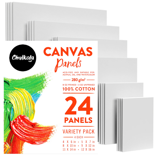Painting Canvas Panels | 4x6, 5x7, 8x10, 9x12, 11x14, 12x16 inch (4 Each, 24 Pack)