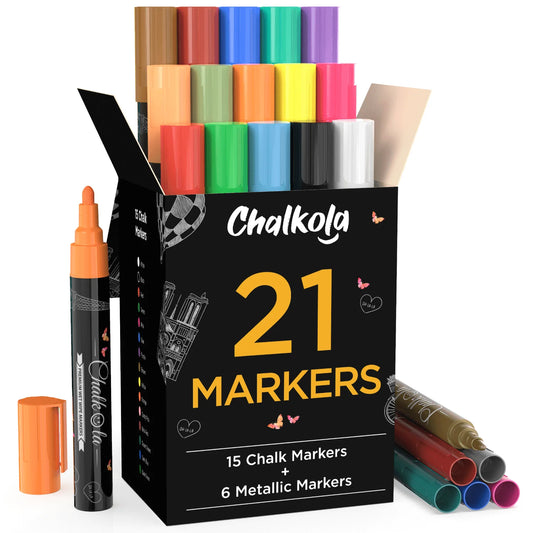 Neon, Classic & Metallic Colors Chalk Markers with 6mm Reversible Nib - Pack of 21 Pens