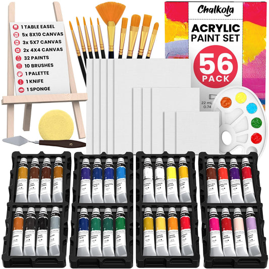 56 Pcs Canvas Painting Kit with 32 Paints (22ml), 10 Brushes, 10 Canvases, Tabletop Easel, Palette, Knife