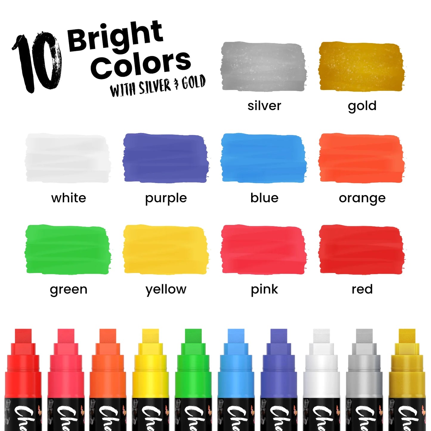 Liquid Chalk Markers with Gold & Silver - 6mm Reversible Nib | Pack of 10