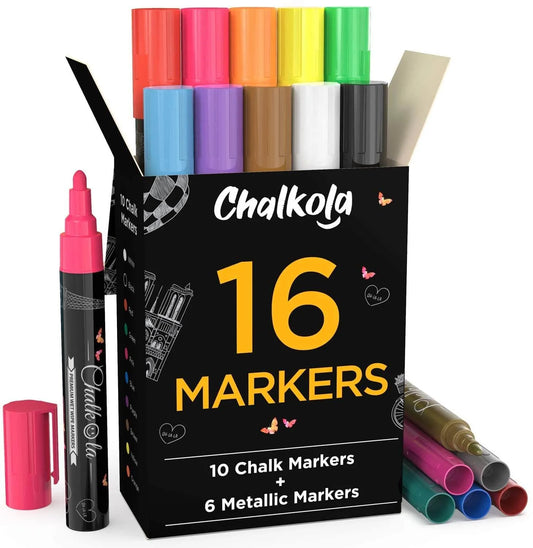 Neon & Metallic Colors Chalk Markers - 6mm Reversible Nib | Pack of 16 Pens