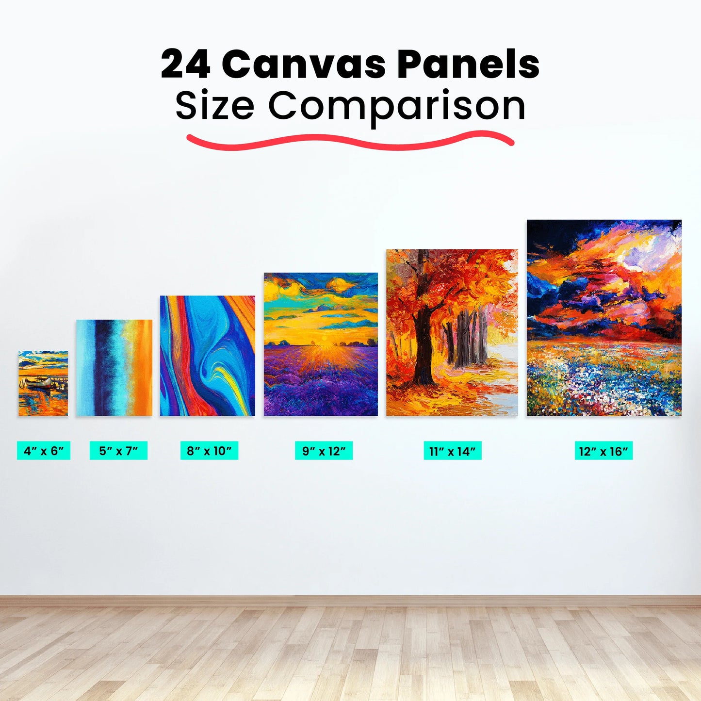 Painting Canvas Panels | 4x6, 5x7, 8x10, 9x12, 11x14, 12x16 inch (4 Each, 24 Pack)