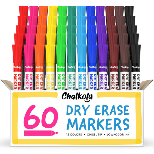 Dry Erase Markers 12 Assorted Colors, Chisel Tip - Set of 60
