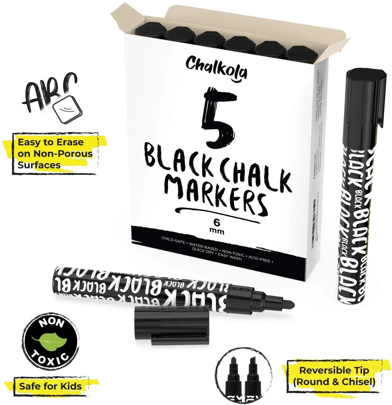 Black Chalk Markers - 6mm Reversible Tip (Pack of 5 Pens)