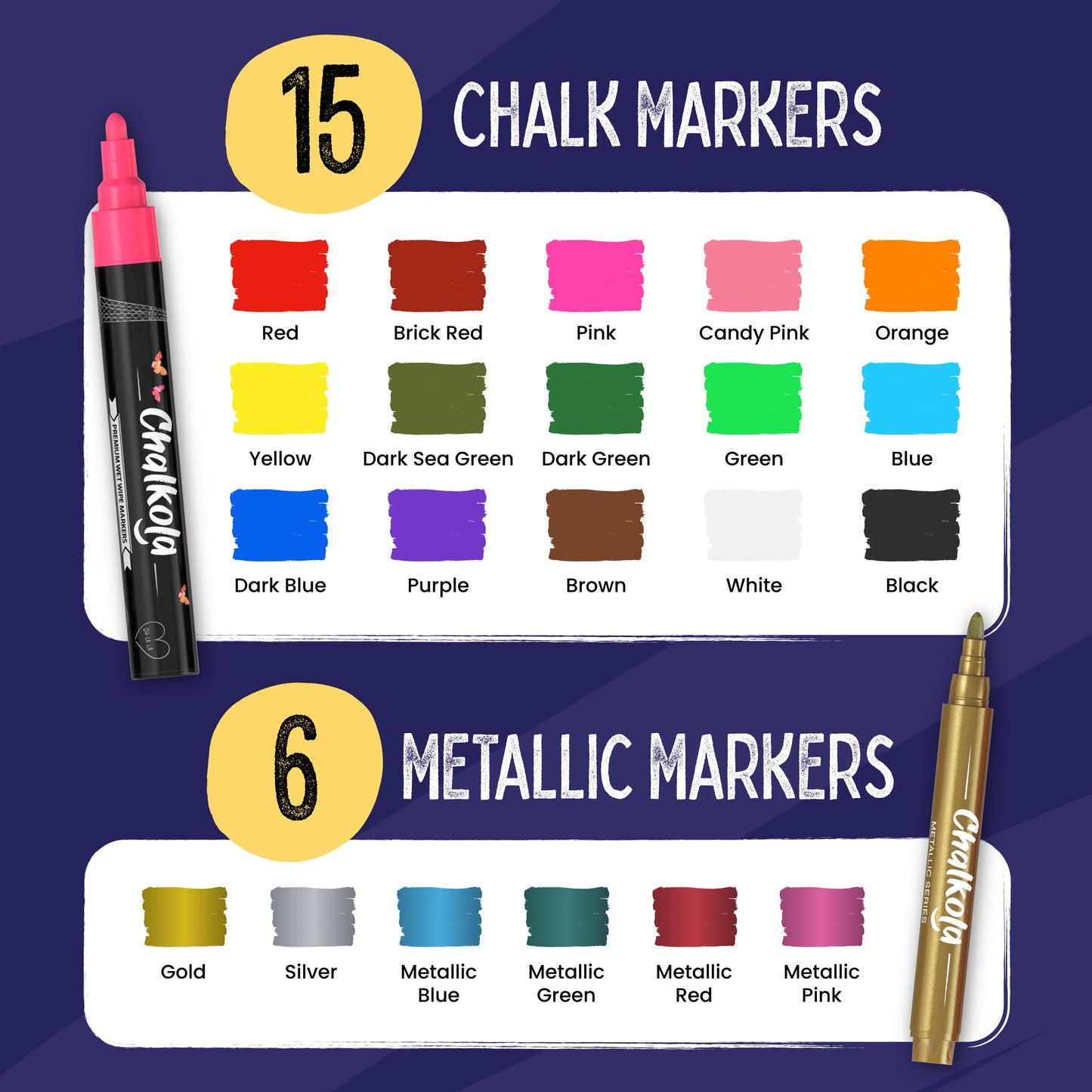 Neon, Classic & Metallic Colors Chalk Markers with 6mm Reversible Nib - Pack of 21 Pens