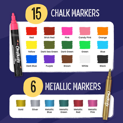 Neon, Classic & Metallic Colors Chalk Markers with 6mm Reversible Nib - Pack of 21 Pens