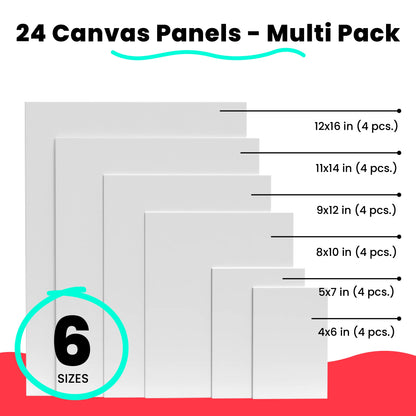Painting Canvas Panels | 4x6, 5x7, 8x10, 9x12, 11x14, 12x16 inch (4 Each, 24 Pack)