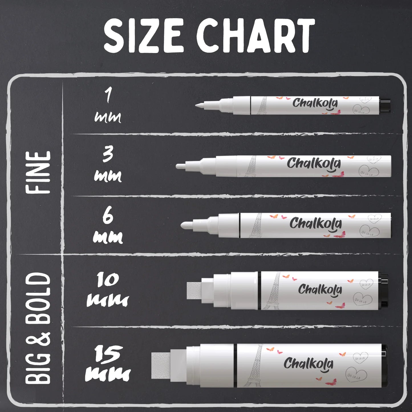 White Chalk Markers with Fine and Jumbo Nibs - Variety Pack of 5 Pens
