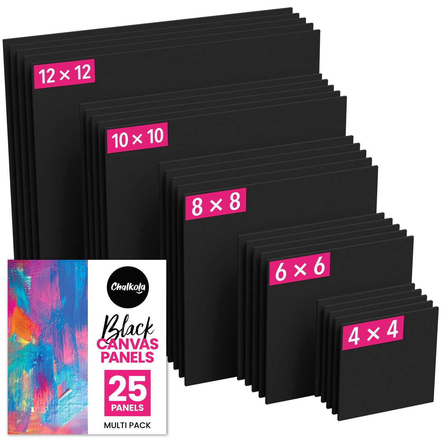 Black Painting Canvas Panels | 4x4, 6x6, 8x8, 10x10, 12x12 inch (5 Each, 25 Pack)