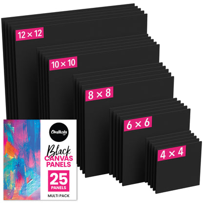 Black Painting Canvas Panels | 4x4, 6x6, 8x8, 10x10, 12x12 inch (5 Each, 25 Pack)