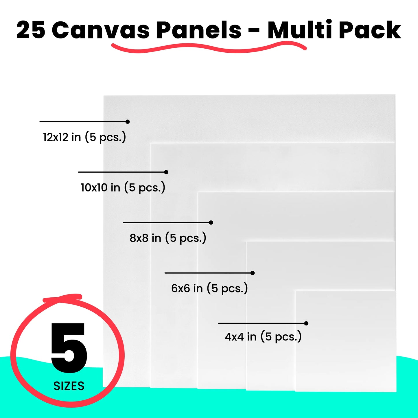 Painting Canvas Panels | 4x4, 6x6, 8x8, 10x10, 12x12 inch (5 Each, 25 Pack)